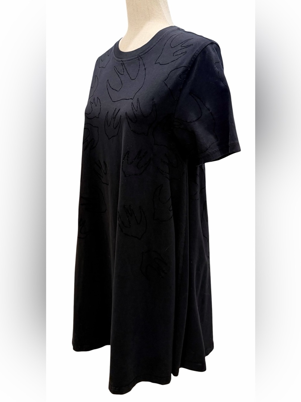McQ Alexander McQueen Black Flocked Swallow T-Shirt Mini Dress S